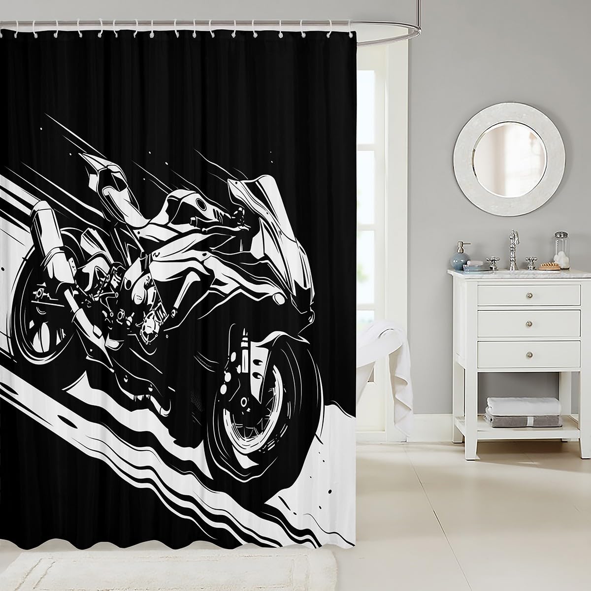 Feelyou Boys Girls Dirt Bike Bath Curtain Racing Motocross Bathroom Shower Curtain Set Motorcycle Shower Curtain Kids Motorbike Teens Bathroom Accessories Bedroom Decor 72"x84"