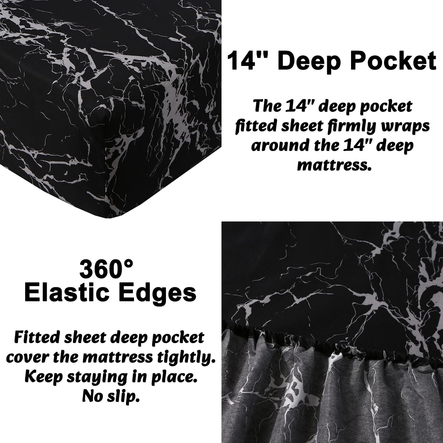 MAG 3PCS Black Marble Fitted Sheet Queen,Soft Microfiber Bed Sheets Included 1 Fitted and 2 Pillowcases,14 Inches Deep (Queen, Black)