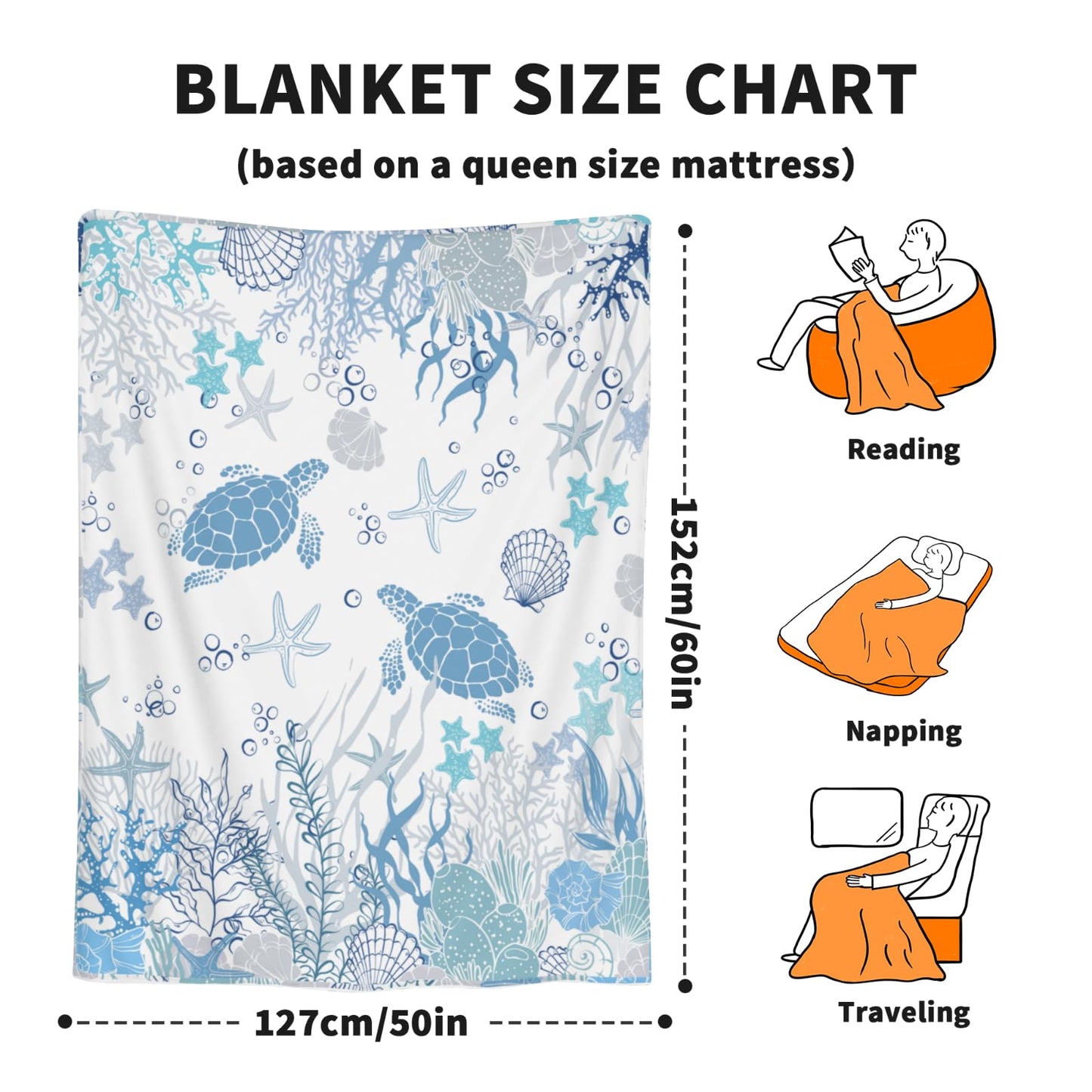 Ghirondola Sea Turtle Blanket Beach Themed Throw Gifts for Adults, Blue Starfish Coral Throw Blanket for Bed Sofa Couch,Ocean Decor Home Bedroom Blankets 50 x 60 Inch
