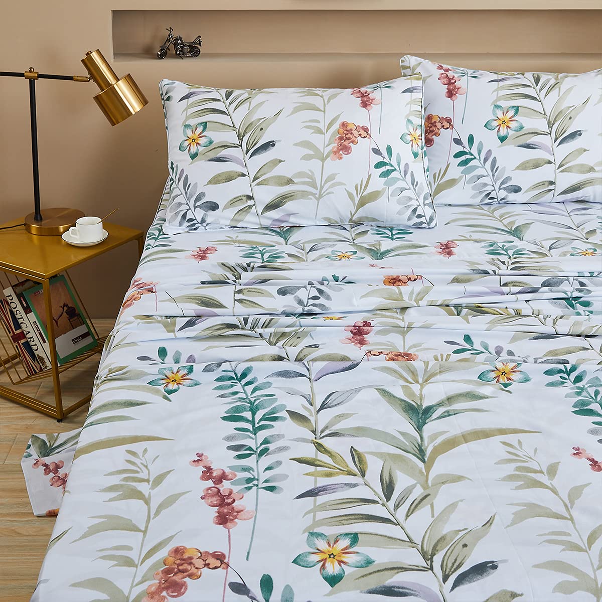 FADFAY Floral Leaves Sheet Set Queen, Premium 100% Cotton 600 TC Green Leaf & Teal Flower Watercolor Farmhouse Bedding, Super Soft Breathable Deep Pocket Bed Sheets Set, 4-Piece Queen