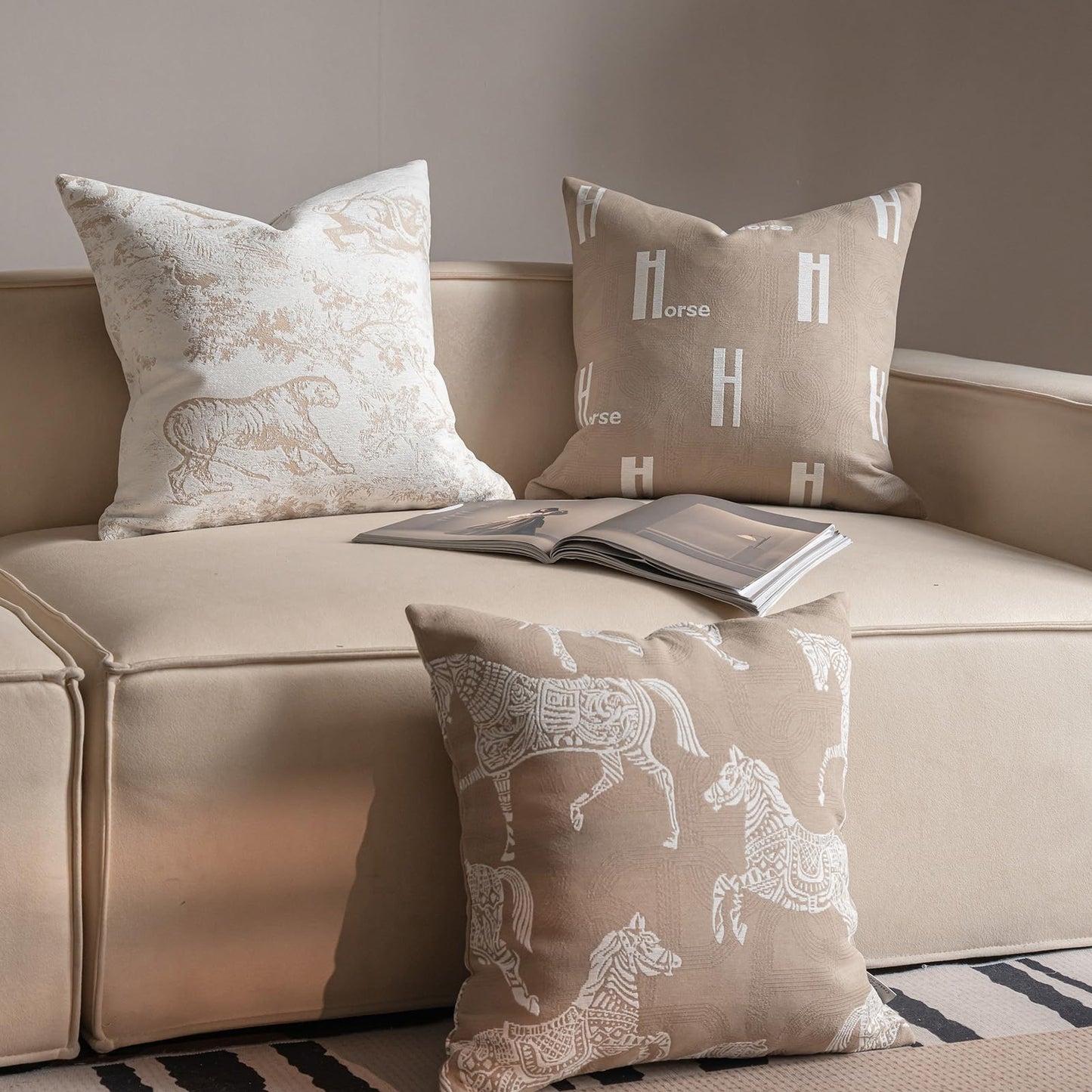 Croker Horse 20x20'' Inches Throw Pillow Cushion Cover - Beige H Letter Embroidery Modern Fashion Style Couch Sofa Pillow Cover for Living Room Bedroom