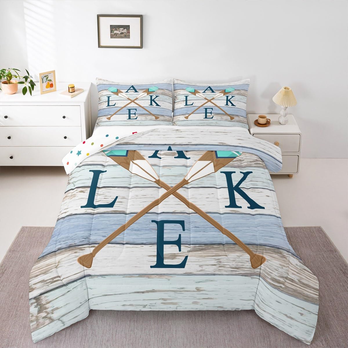 Castle Fairy Wooden Stripes Comforter Set for Kids Room Decor Rowing Boating Oar Print Bedding Comforter Queen Size Rustic Nature Lodge Cabin Soft Polyester Quilt Set with 2 Pillowcases