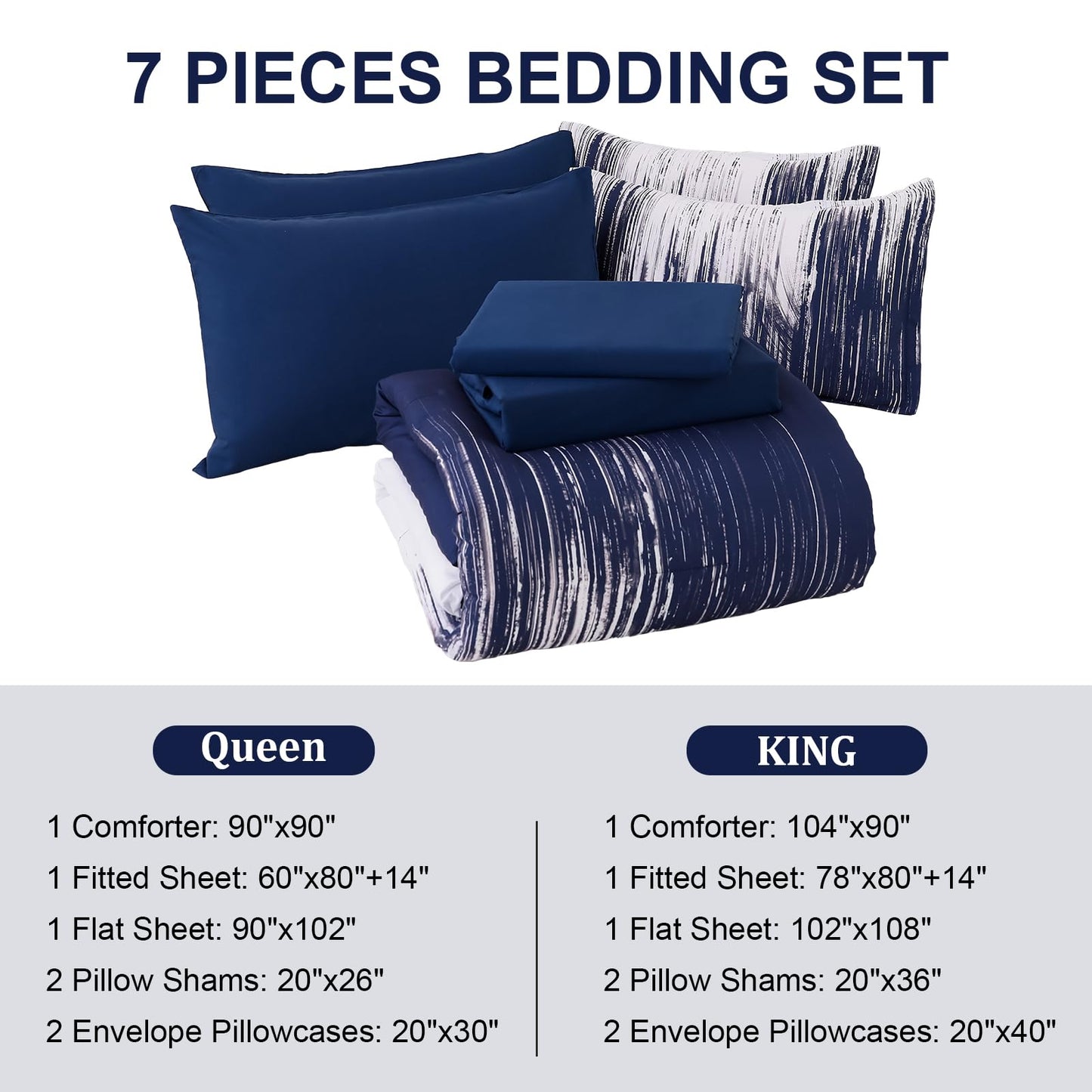 Dinjoy Ombre Blue Comforter Set Queen Size Gradient Navy Blue White Boho Bedding Set for Teen Men Women 7 Pieces Bed in A Bag Bohemian Bed Set with Comforter, Sheets, Pillowcases & Shams