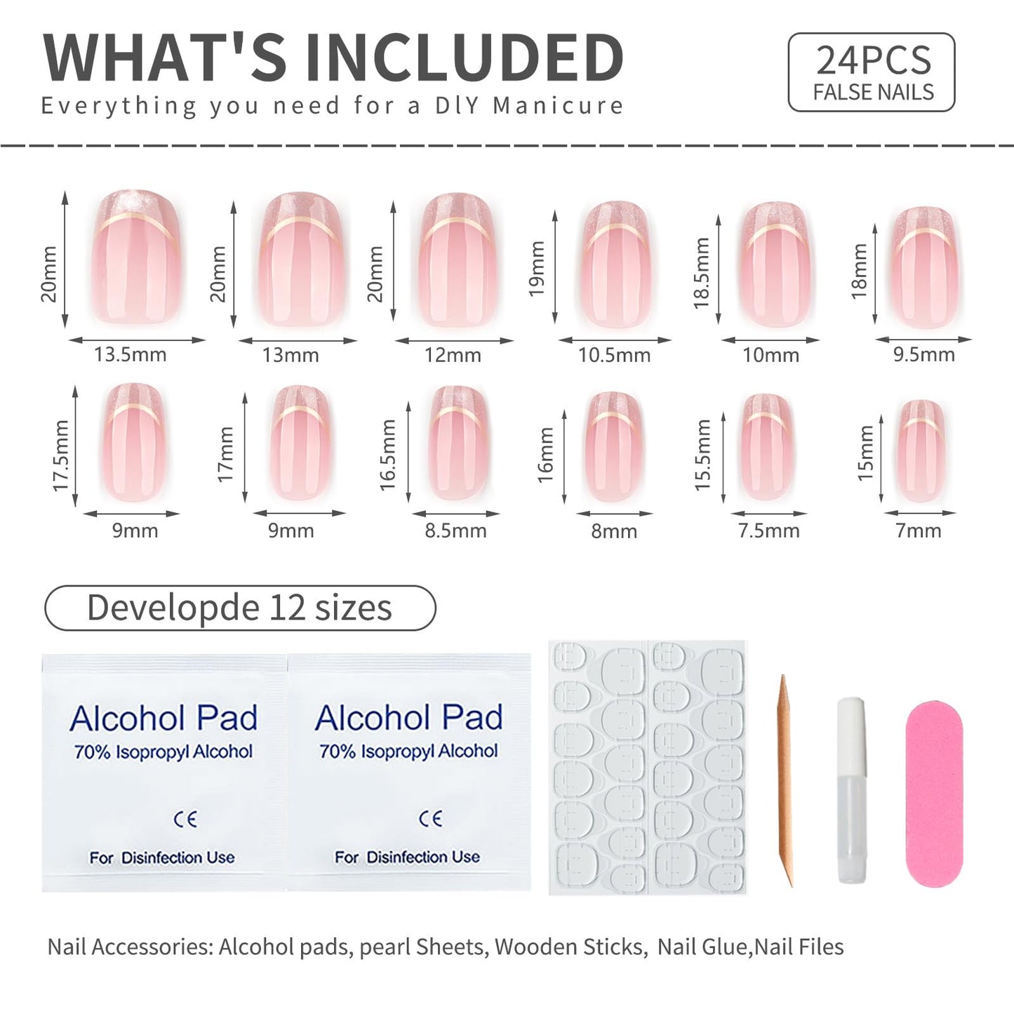 Short Almond Press On Nails Nude Glitter French Tips with Gold Outline, Glossy Acrylic Fake Nails, Reusable Stick On Nails Kit with for Women, Elegant Shimmery Manicure Set