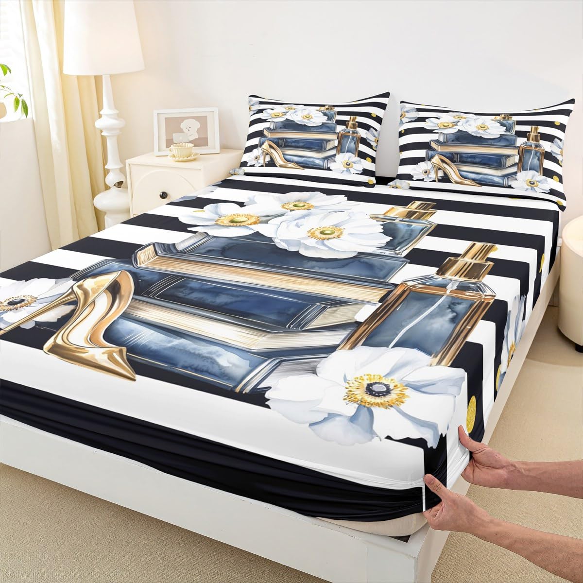 Erosebridal Modern Chic Fashion Sheet Set King Women Trendy Aesthetic Floral Bed Sheets for Girls Teens Navy Blue Watercolor Book and Perfume Sheets Boho Black and White Abstarct Striped Bedding Set