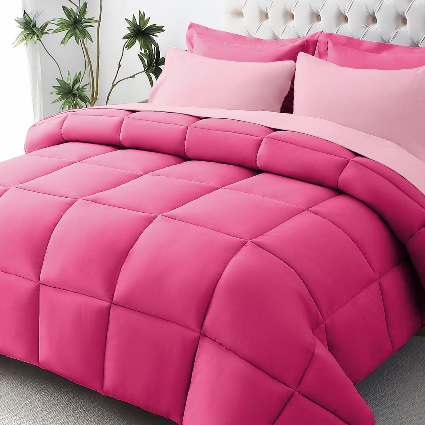 JOLLYVOGUE Queen Comforter Set, Ultra-Soft Bed in a Bag Queen Size 7 Pieces, Oeko-TEX Certified Bedding Set with Down Alternative Comforter, Sheets, Pillowcases & Shams, Hot Pink & Baby Pink