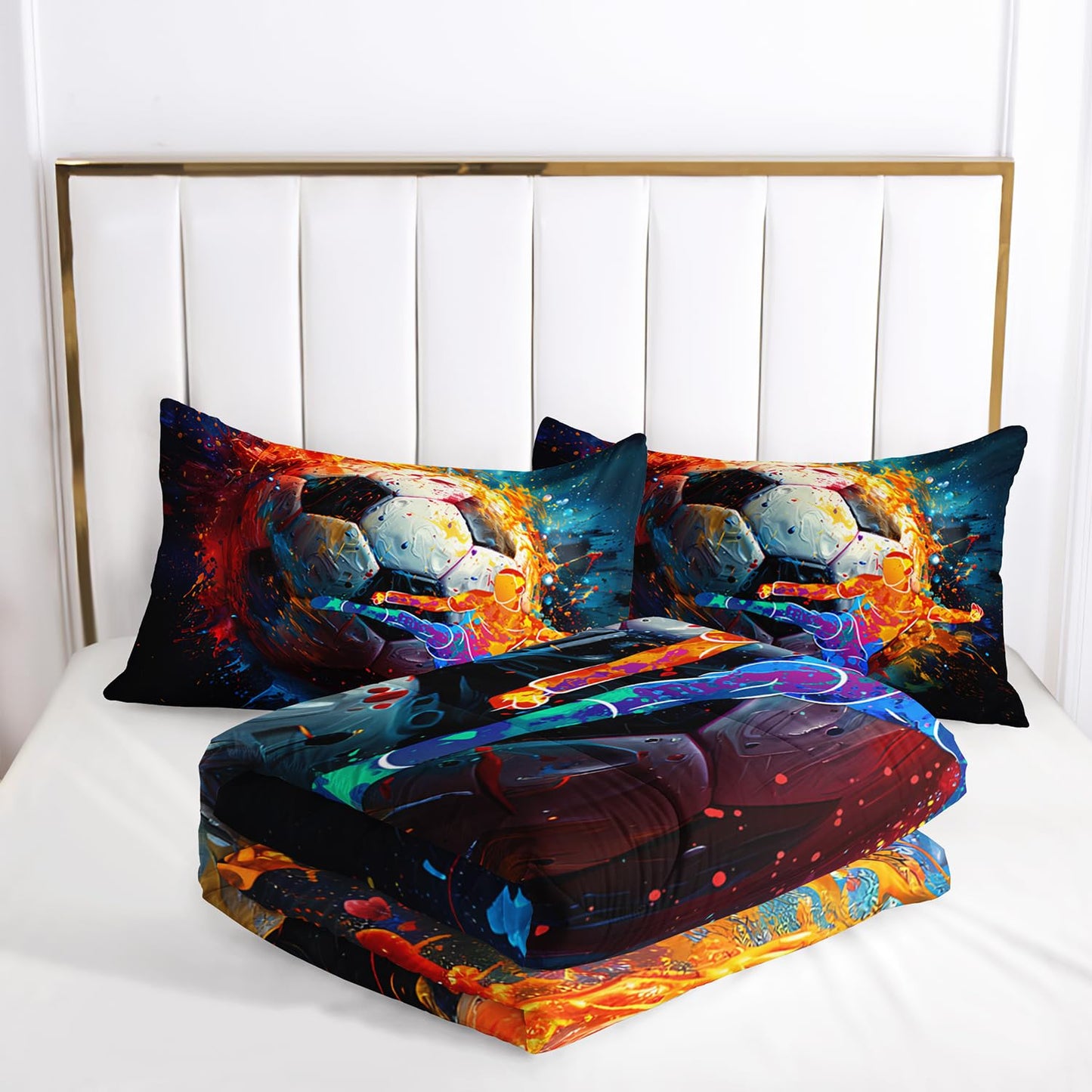 AILONEN Sport Soccer Comforter Set Queen Size,3D Oil Painting Football Printed Bedding Set Decor,Football Player Soft Microfiber Comforter with 2 Pillowcases,3-Piece All Season