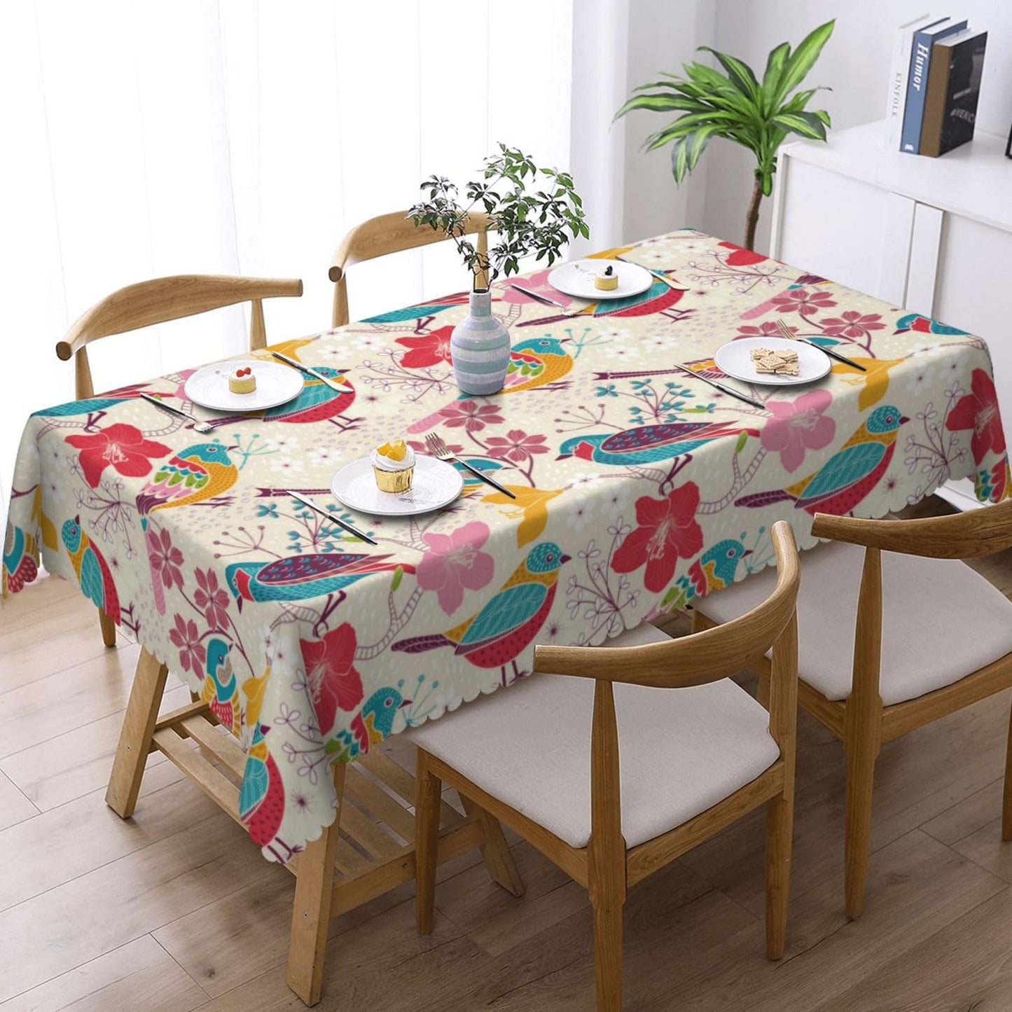 LORCARVIS Floral with Birds Tablecloth Floral Birds Pattern Polyester Rectangle Table Cloth Washable Seasonal Tabletop for Kitchen Dinning Party Outdoor Picnic 54 x 72 Inch Tablecloths