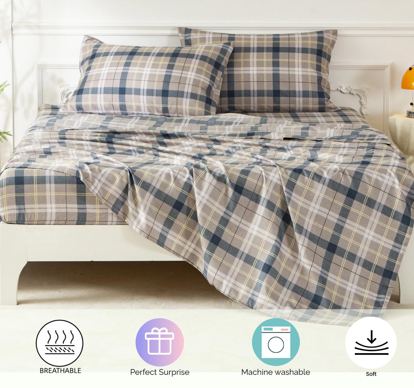 SDY 7PCS Twin Gingham Comforter and Sheet Set，Plaid Bedding Set with for Man Woman Adult，Super Soft Microfiber Bedding Sheet Sets
