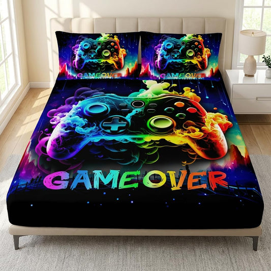 AILONEN Boys Gamer Gamepad Fitted Sheet Set Twin Size, Video Game Bedding Set for Kids Teens Boys Girls,Rainbow Fume Bed Sheet + 2 Pillowcases,3-Pieces