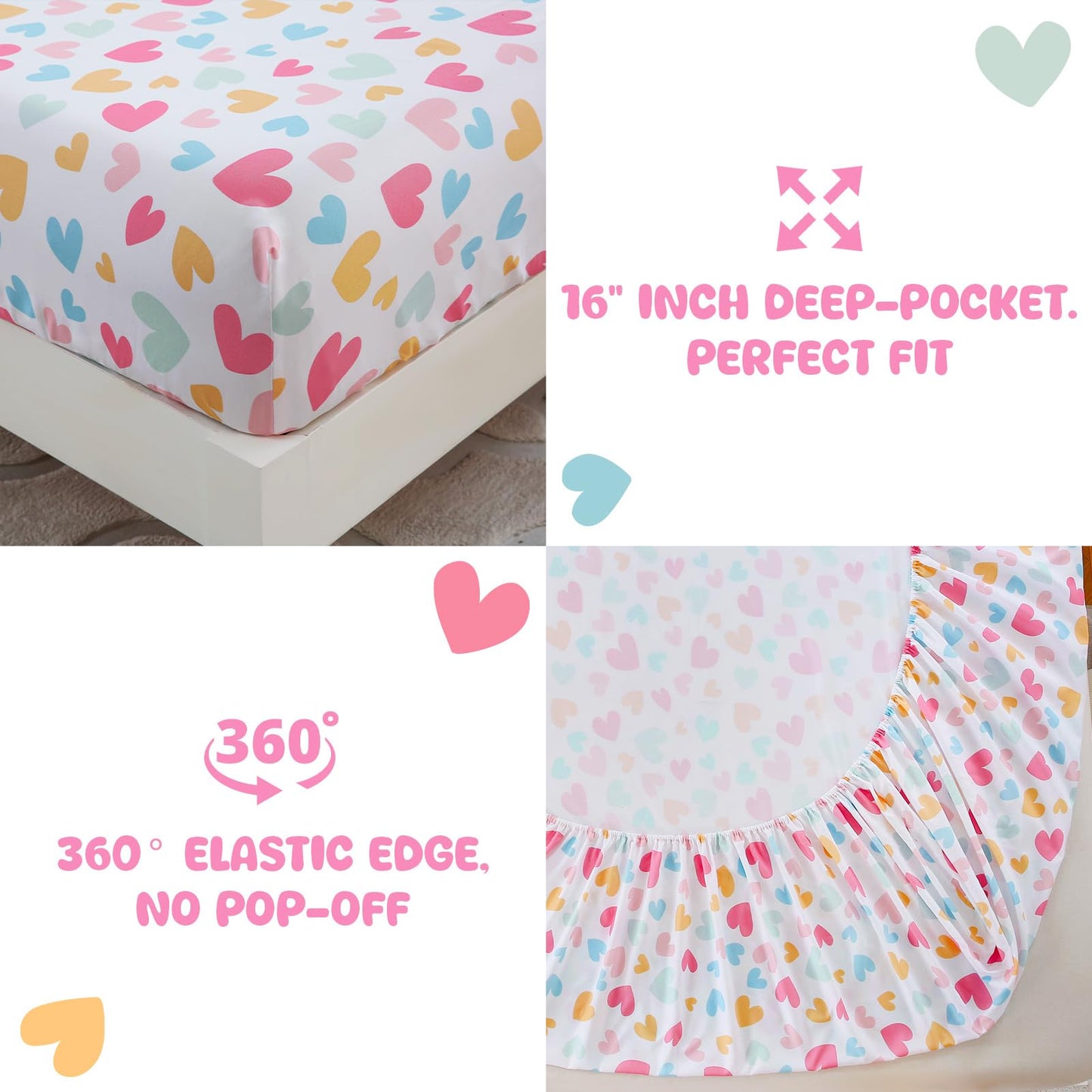 MICORAL Kids Twin Sheets Set Hearts, 3 Pieces Sheets for Boys & Girls, Soft Printed Microfiber Double Brushed Bed Sheets, Deep Pocket Cozy Toddler Bedding Set, Cute Hearts