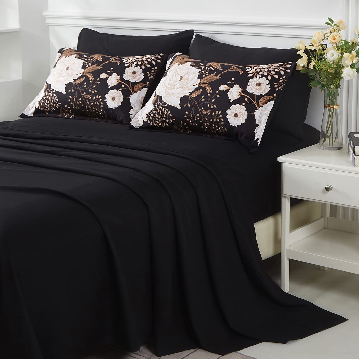 Yogeneg 7 Piece Bed in a Bag Queen Comforter Set Botanical Floral Bedding Set,White Flowers Leaves Printed on Black Reversible Design,Soft Microfiber Comforter with Sheet Set,All Season