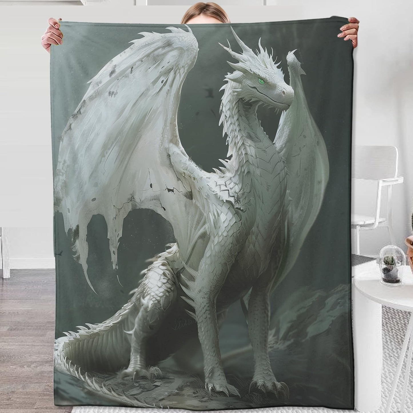 Dragon Blanket Dragon Gifts for Adults Throw Blanket,Dragon Gifts Bedding Decor Flannel Grey White Dragon Throw Blanket,Dragon Stuff Decorations Warm Soft Blanket for Bed Sofa Office 60" x 50"