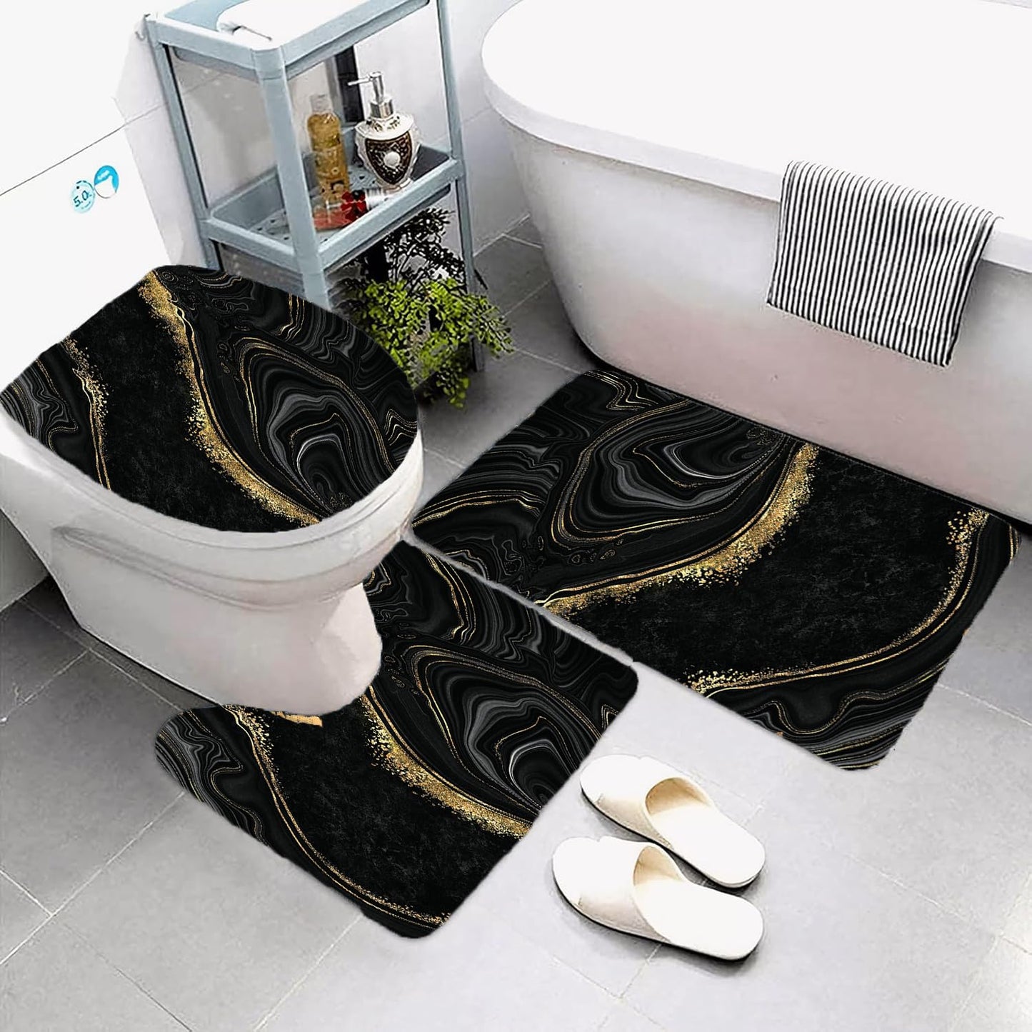 NBVKO 4Pcs Black Gold Marble Shower Curtain Sets with Rugs Bathroom Sets with Shower Curtain and Rugs Modern Abstract Bathroom Decor Accessories Shower Curtains for Bathroom Toilet Lid Cover