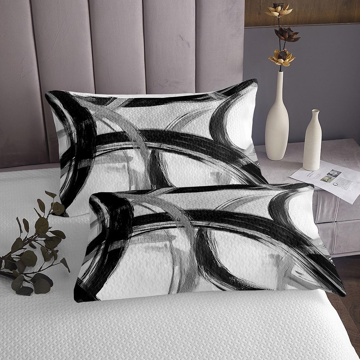 jejeloiu Black and Black Striped Bedspread King Size Abstract Gromment Stripes Coverlet Set Modern Geometric Quilted Coverlet for All Season with 2 Pillowcases Microfiber Lightweight