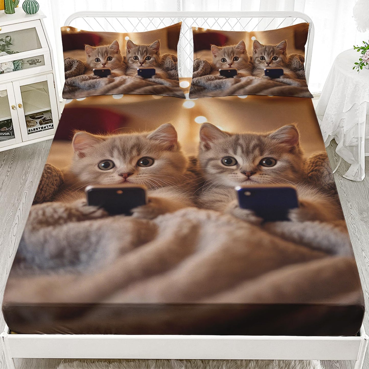 AILONEN Lovely Cat Fitted Sheet Set Queen,Pet Cats Animal Themed Deep Pocket Sheets + 2 Pillowcases,3-Piece Kawaii Kitten Printed Soft Bed Sheet Set for Kids Boys Girls