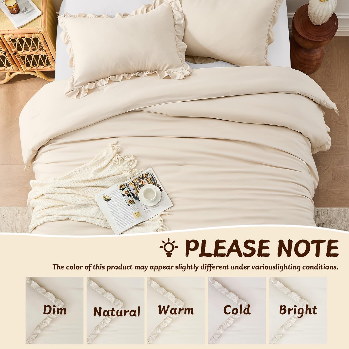 FUANNA Queen Comforter Set Beige 3 Pieces, Ruffle Shabby Chic Queen Bed Set, Fluffy Lightweight Soft Bed in a Bag Queen for All Seasons, Farmhouse Bedding Comforter Sets(1 Comforter & 2 Pillowshams)