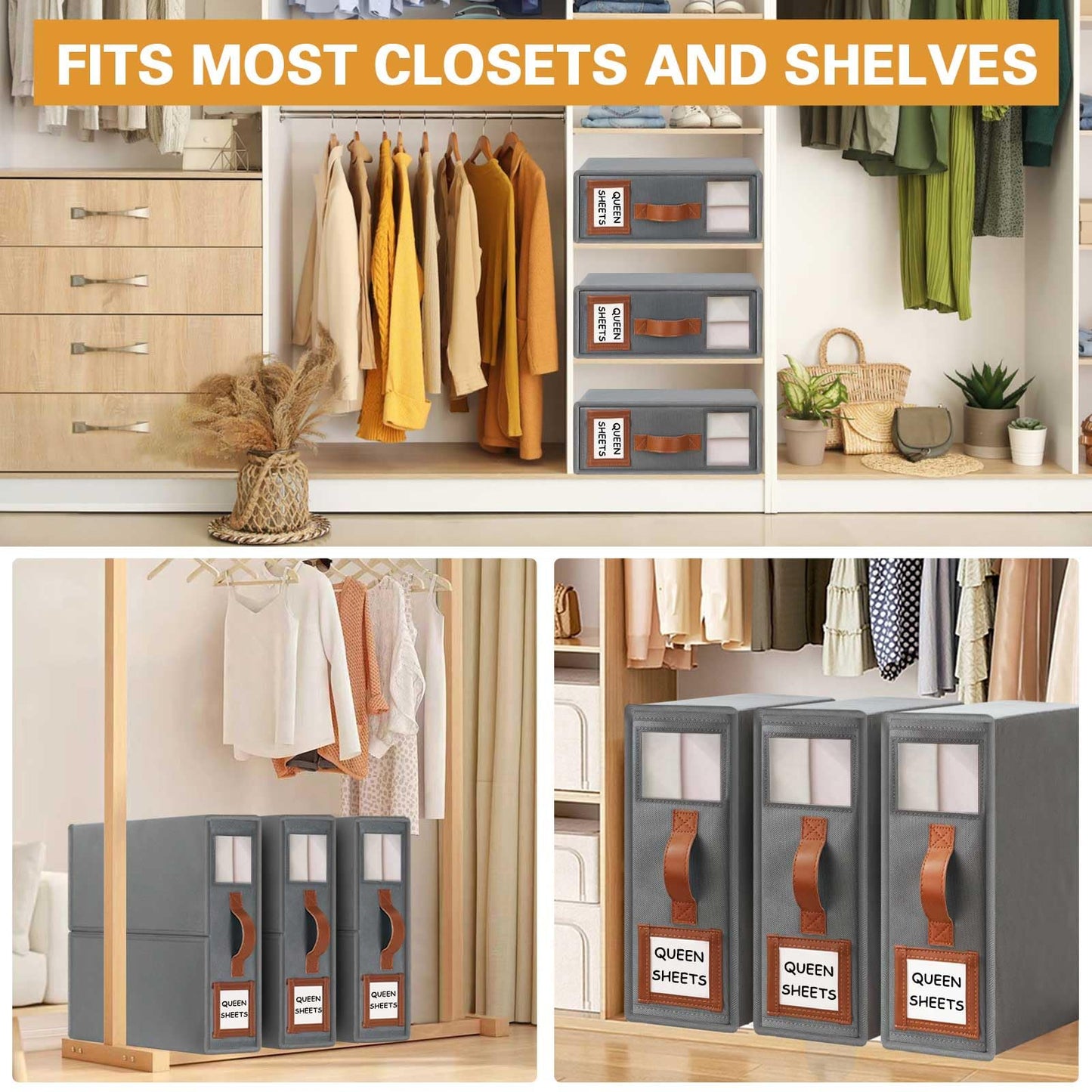 GhvyenntteS Sheet Organizers and Storage 4 Pack (Queen & King Size), Foldable Bed Sheet Organizer with Window and Label, Storage with Leather Handle, Grey