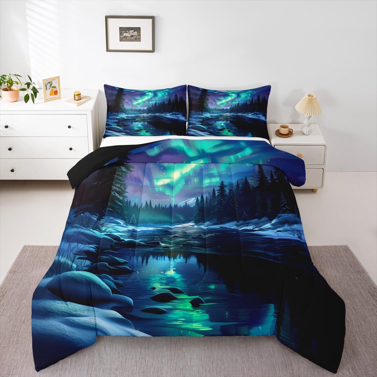 Manfei Northern Lights Kids Comforter Set Twin Size,Pine Trees River Natural Bedding Set Room Decor,Romantic Mysterious Magical Quilt Comforter,Blue and Green Duvet Set Bedroom Quilt Set,1 Pillowcase