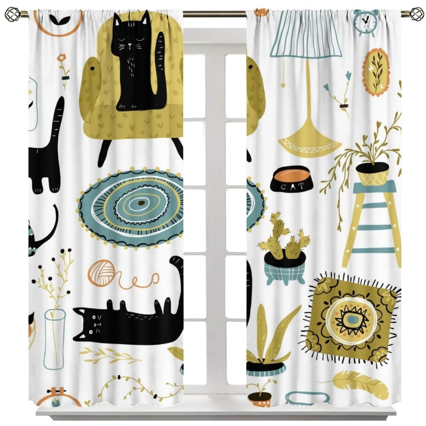 ACOOLTD Cartoon Curtains Rustic Black Kitty Home Ambiance Cute Patterns Furniture Blackout Window Treatment for Kids Bedroom Kitchen Cafe Home Decor Drapes，2 Panels 42" W X 45" L