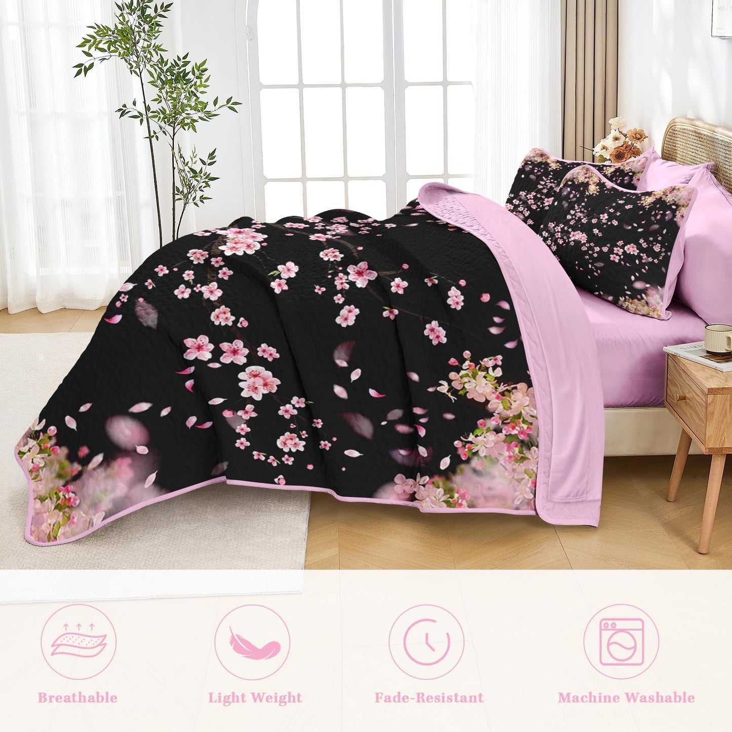 Pamnest 7 Pcs Quilt Set Queen Size, Cherry Floral Pink Soft Bed Cover Bedding Set for Kids and Adults, Japanese Black Bedspread with Fitted Sheet 2 Pillowcases & 2 Shams for All Season