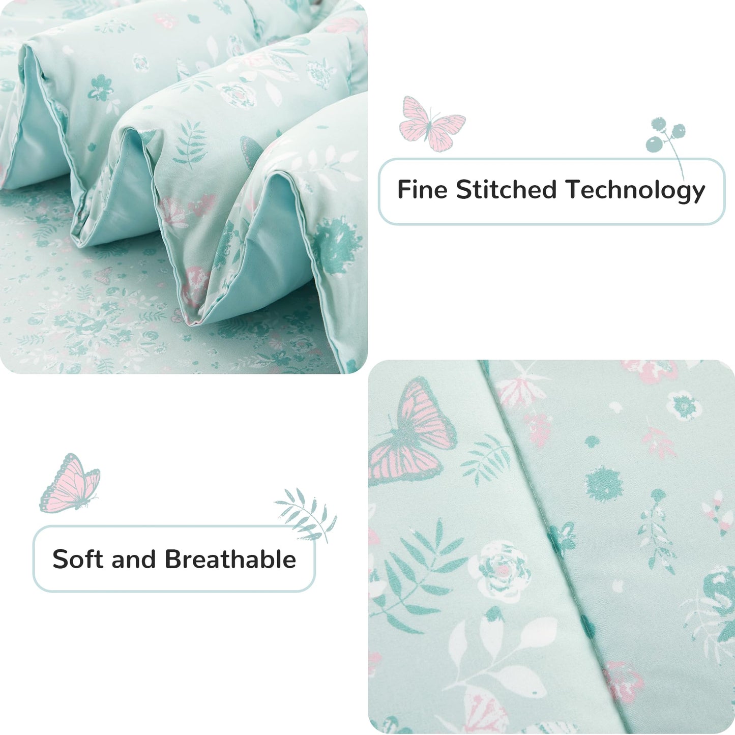 Viviland Kids Twin Bedding Sets for Girls, Soft Twin Comforter Set with Sheets, 5 Pieces Microfiber Bed in a Bag, Green Butterfly