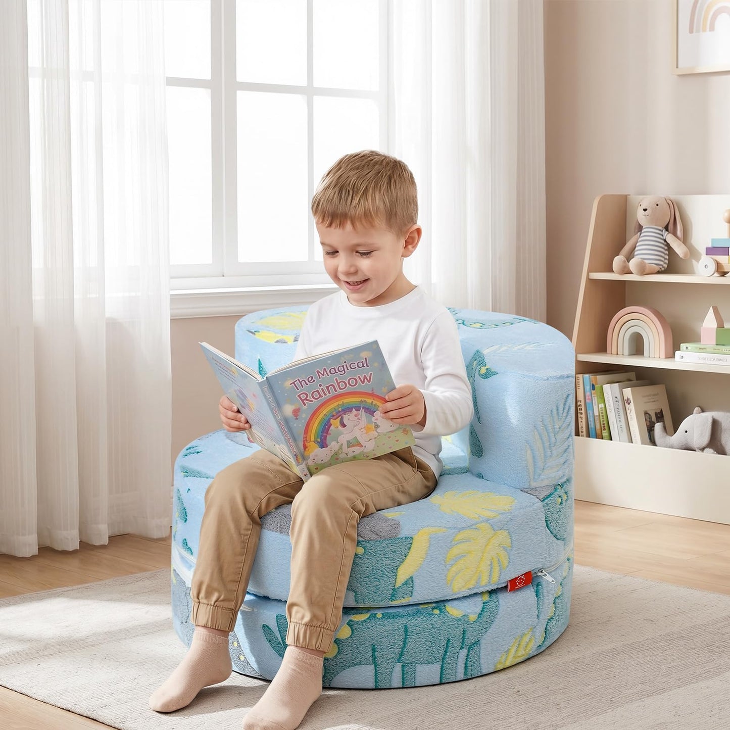 MeMoreCool Dinosaur Kids Chair, Flip-Open Kids Couch, Glow Print, Blue