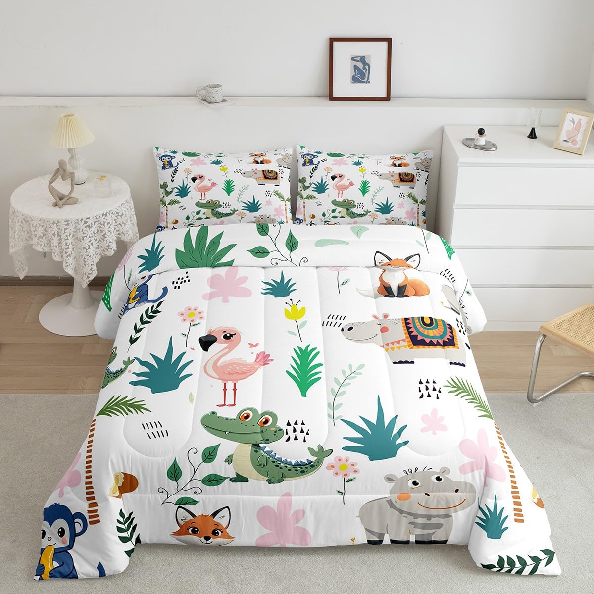 Feelyou Dinosaur Cartoon Fox Comforter Set for Girls Boys Kids King Size Wild Animals Comforter Room Decorative Hippo Bedding Set Botanical Zoo Animals Duvet Set 3Pcs Quilt Set