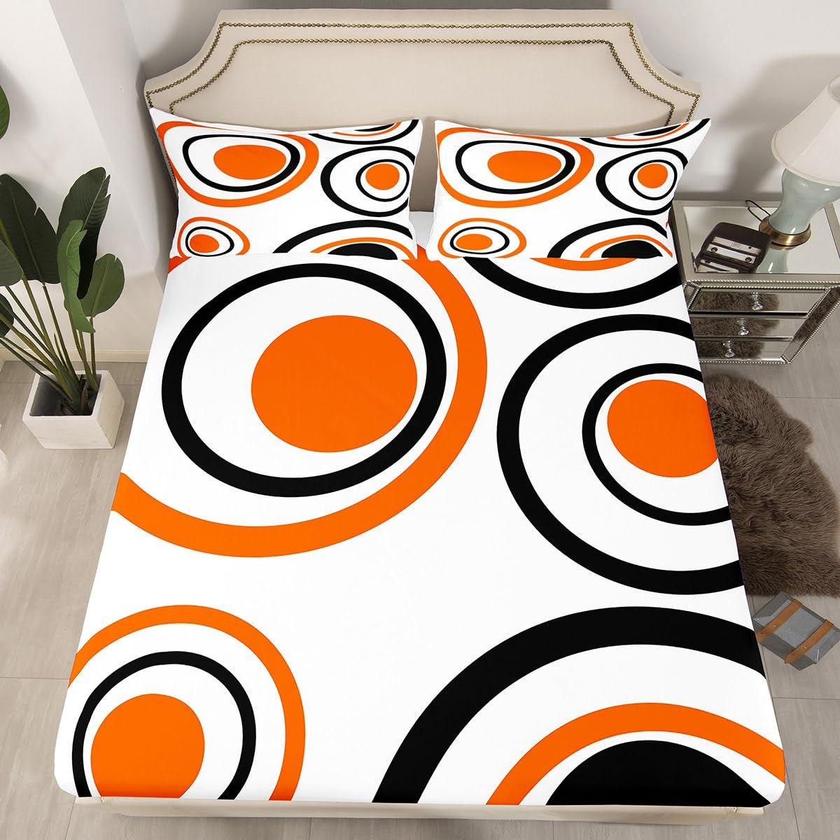 Erosebridal Orange Abstract Bed Sheets Full Size Modern Geometric Circles Flat Fitted Sheet Boho Art Aesthetic Striped Sheet Set Minimalist Black White Abstract Sheets