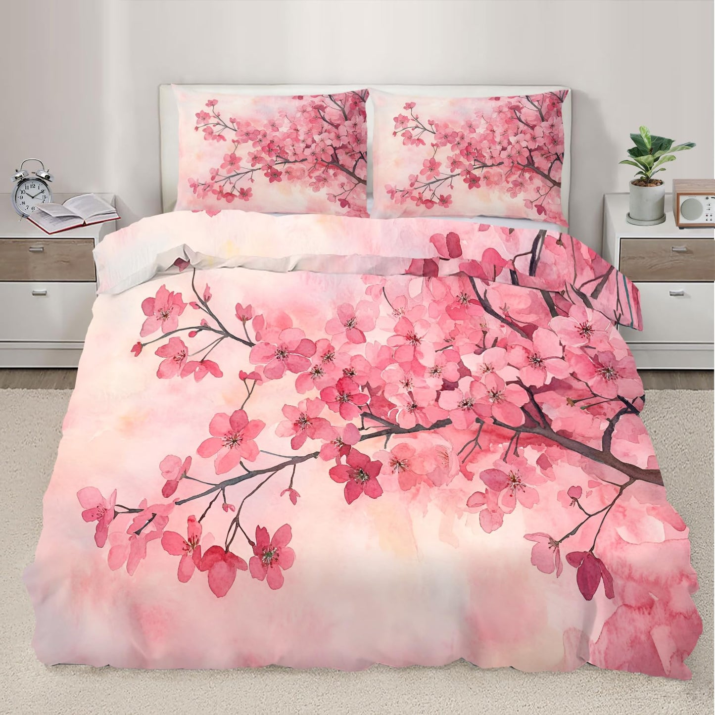 PAISUOQ Cherry Blossom Duvet Cover King, Japanese Florals Comforter Cover with Zipper Ties, Pink Flowers Bedding Set, 3 Pieces with 2 Pillow Cases, Home Decor & Gifts
