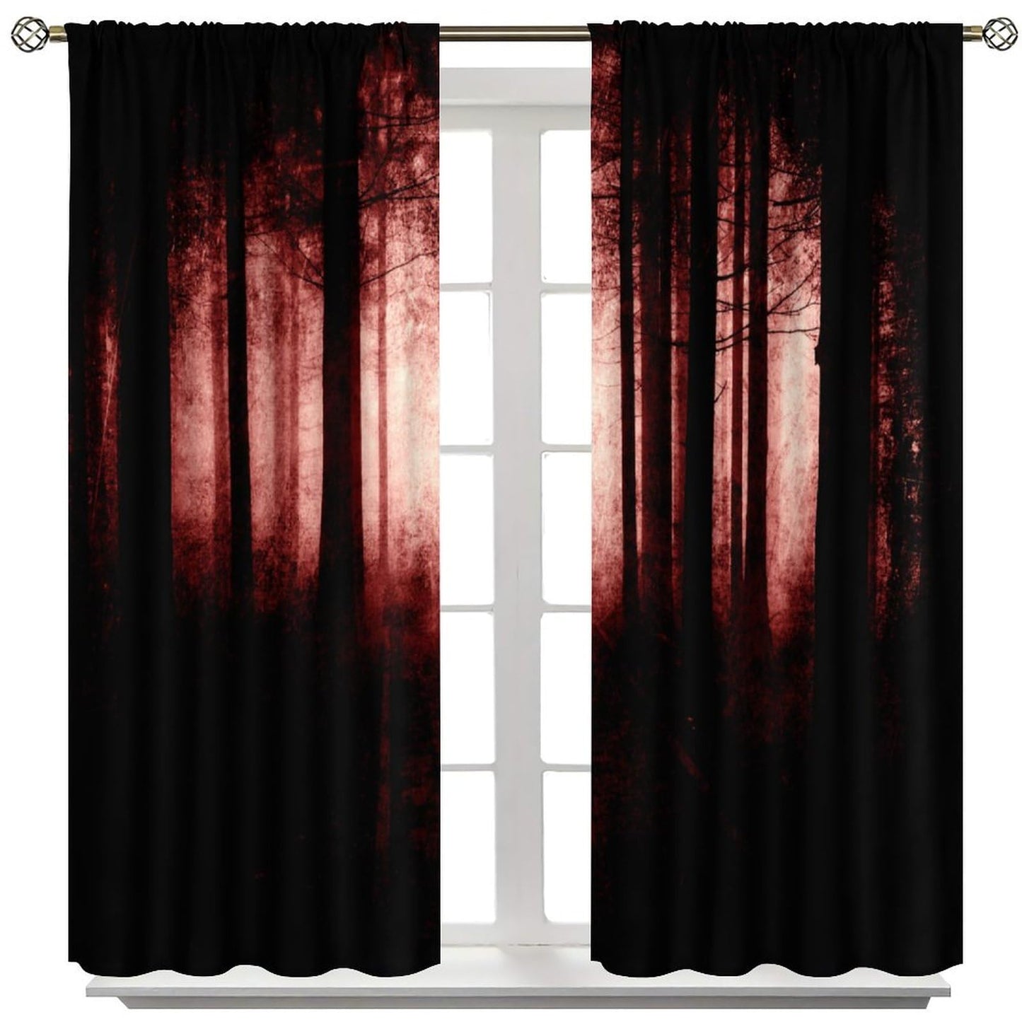 SHElifestyle Gothic Dark Red Forest Curtains, Haunted Creepy Landscape Misty Forest Window Treatments Spooky Horror Halloween Forest Window Drapes for Bedroom Living Room W42 X L45