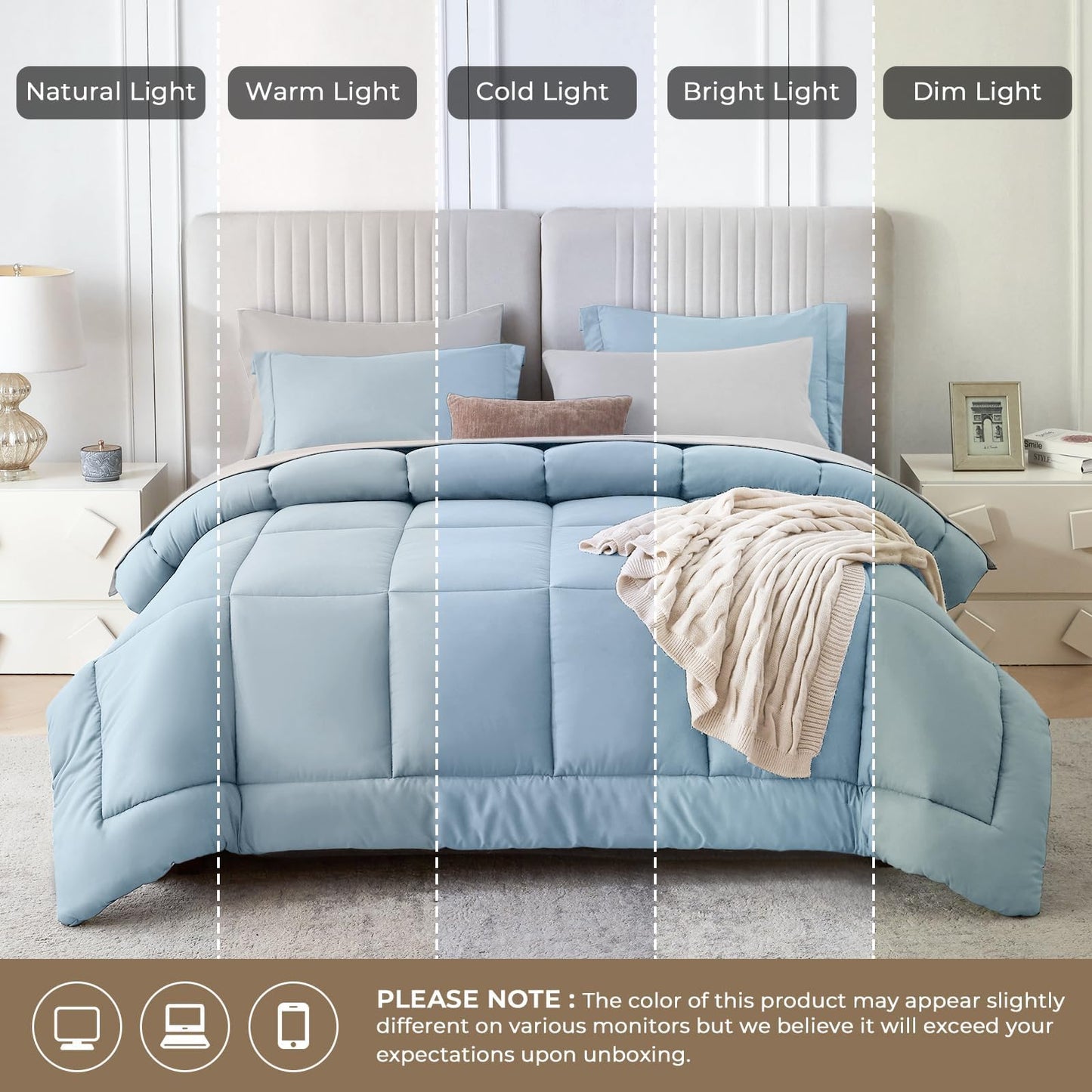 Sasttie Queen Comforter Set, 7 Pieces Bed in a Bag Queen, Complete Bedding Set Includes Comforter, Flat Sheet, Fitted Sheet, Pillowcases and Pillow Shams, Blue & Light Grey
