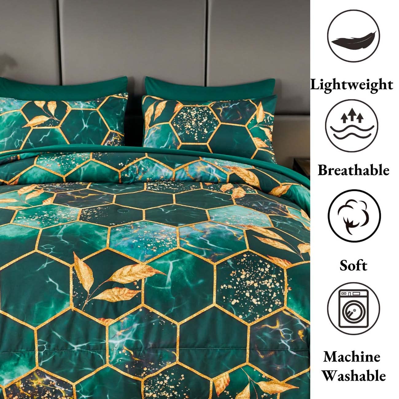 ANGIYUIN 3D Marble Printed Emerald Green Comforter Set Full, 7Pcs Geometric Hexagon Theme Comforter Gold Trim Bed in A Bag Full, Modern Watercolor Foil Print Bedding Set with Sheets (Green Full)
