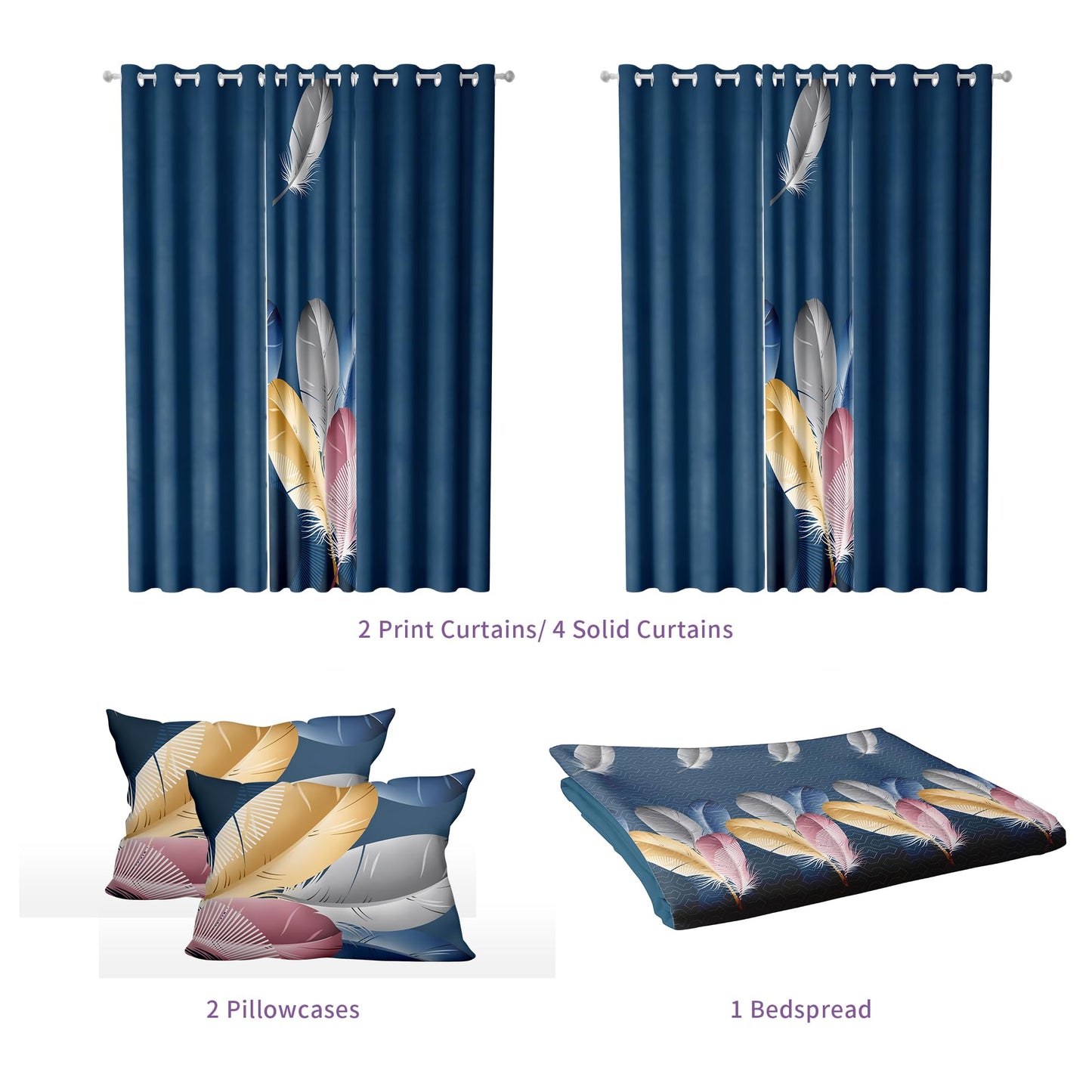 Luxury 9-Piece Blue Feather King Light Comforter Set, Bohemian Bed in a Bag King Bedspread with Matching Curtains Ultra Soft & Breathable All-Season Decor for Master Suite, Chic Home & Wedding Decor