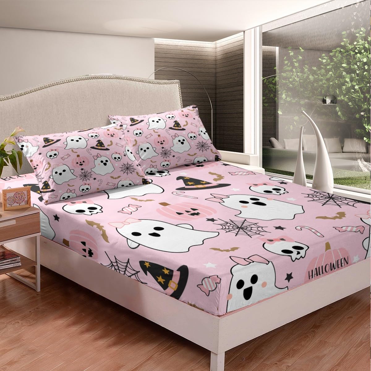 Feelyou Cute Halloween Pink Twin Size Bedding Set Decoration Toddlers Teens Adults Pumpkin Ghost Kawaii Sheets Set Kids Autumn Happy Fitted Sheet Pink Bed Sheet Set Collection