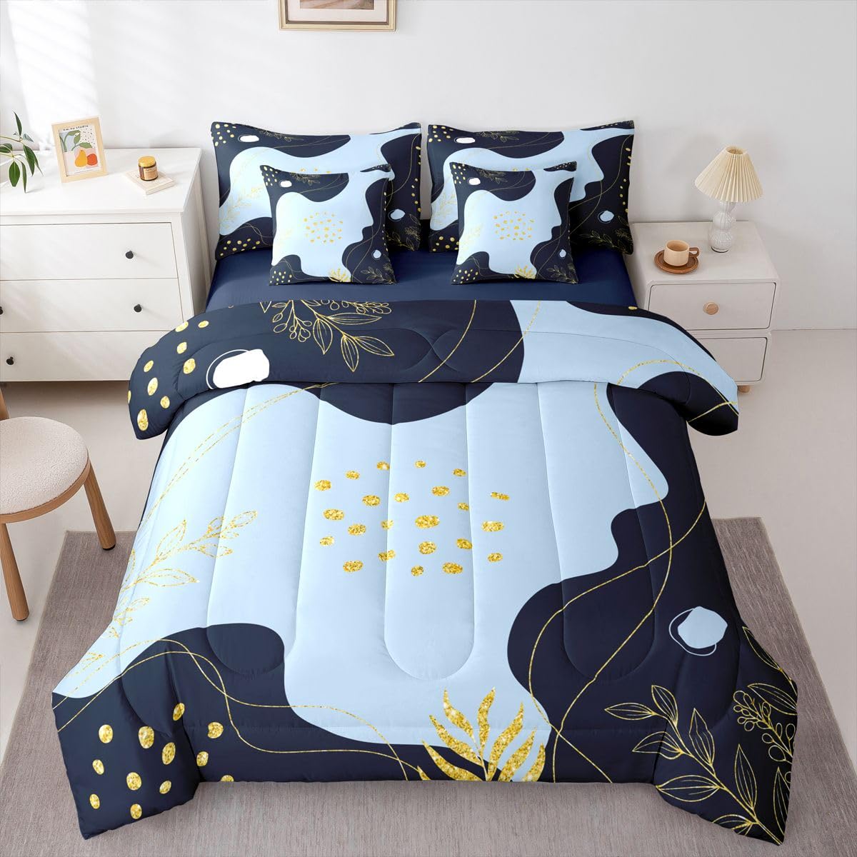 Erosebridal Black and Blue Twin Comforter Set with Sheets Mid Century 7-Piece Bedding Set Modern Abstract Bed in a Bag, Boho Geometric Bed Sets