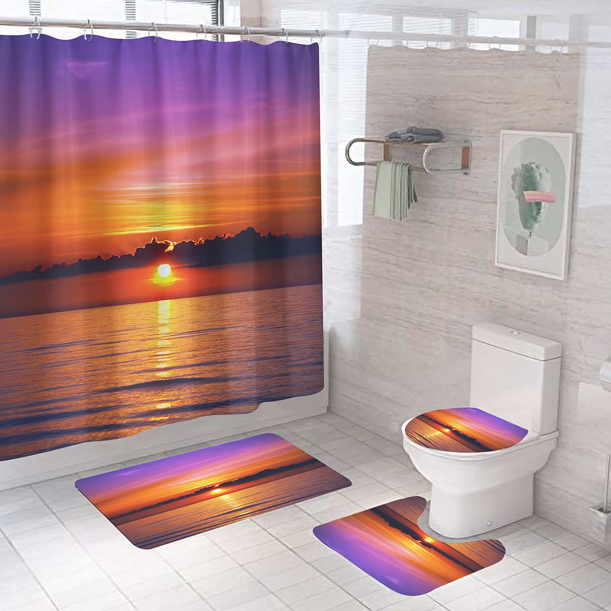 DDS-DUDES Beach Sunset Shower Curtain Set for Bathroom, Ocean Sunrise Purple Sky Shower Curtains Waterproof Polyester Curtains 71WX71H Inch with Hooks (Sunset 1)