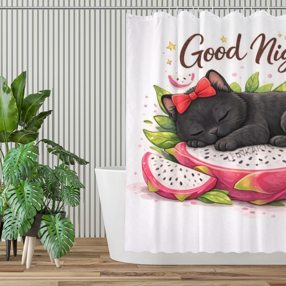 LFINKARTGOGO Cute Black Cat Shower Curtain Good Night 72x72 with 12 Hooks Bathroom Decor Waterproof Washable Polyester for Home Bathroom