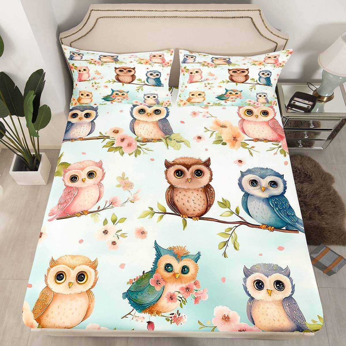 Cute Owl Kids Fitted Sheet Full Size,Peach Blossom Tree Branch Romantic Bedding Set,Boys Girls Room Decor,Cartoon Wild Animal Rustic Bed Cover,Pink Green Bed Sheet,2 Pillowcases