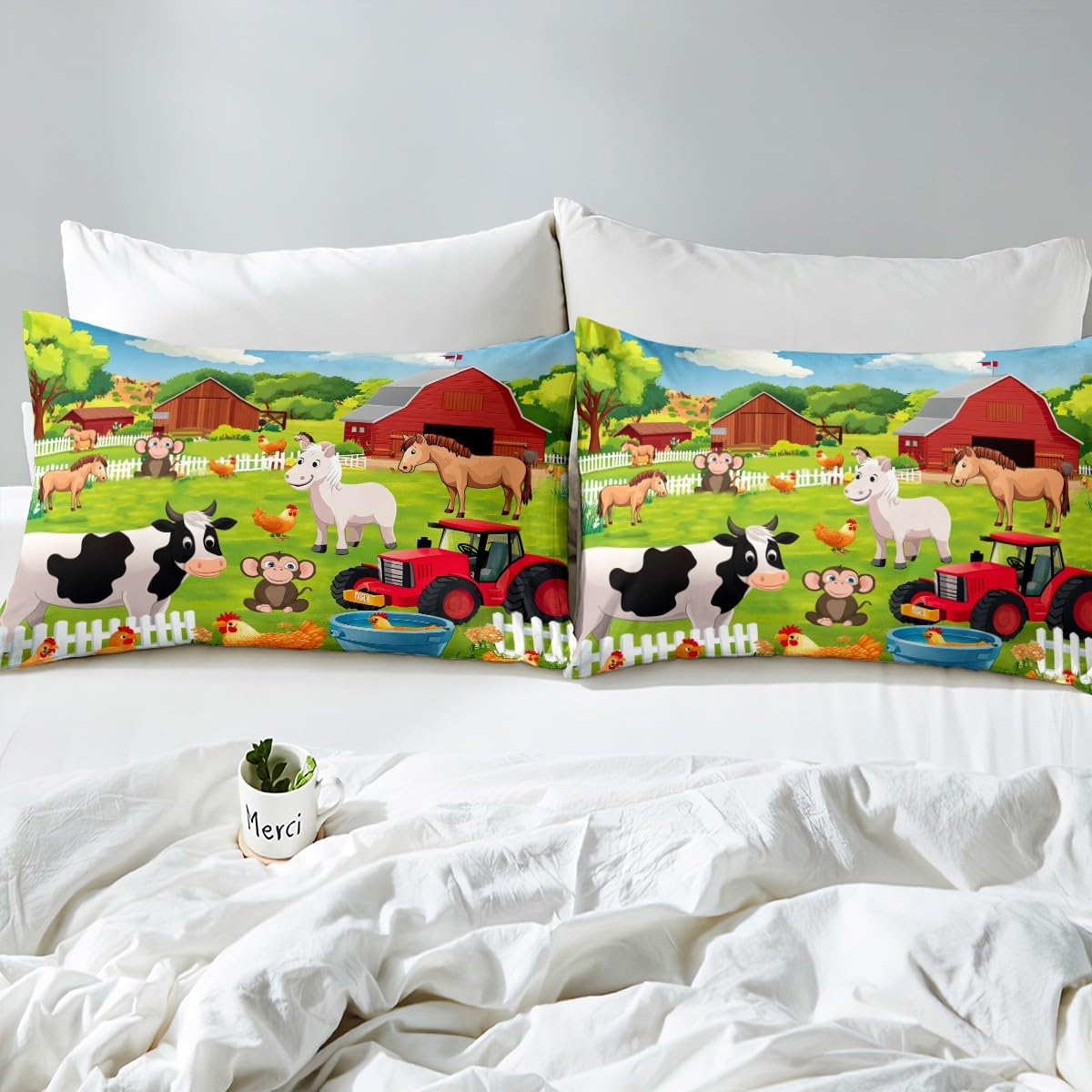 Feelyou Kids Bedding Set Cartoon Farmhouse Duvet Cover Set Cute Farm Animal Boys Girls Toddler Comforter Cover Country Style Quilt Cover with 2 Pillowcases King Size