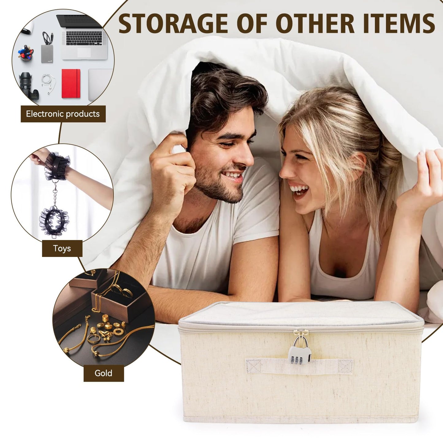 2 Pack Lockable Storage Box with Zipper & Handle, 14.96" x 10.03" x 6.29" Lockable Storage Organizer, Foldable Fabric Lock Box for Women Men Personal Item Container (Beige)
