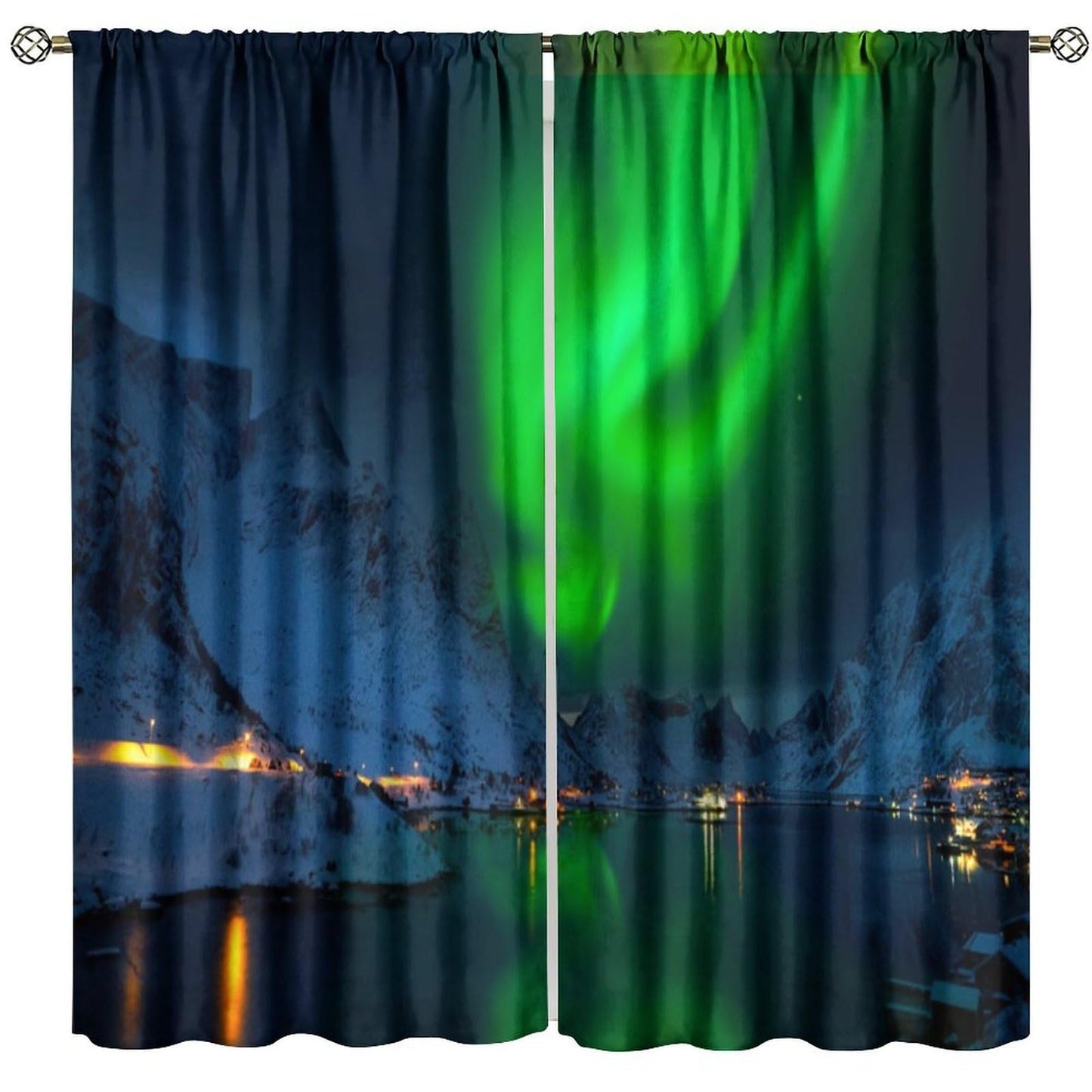 GoDazzling Night Aurora Nature Landscape Curtains, Green Northern Snow Mountain Lake Rustic Town Rod Pocket Window Drapes, for Bedroom Living Room 41" W X 45" L (No Blackout)
