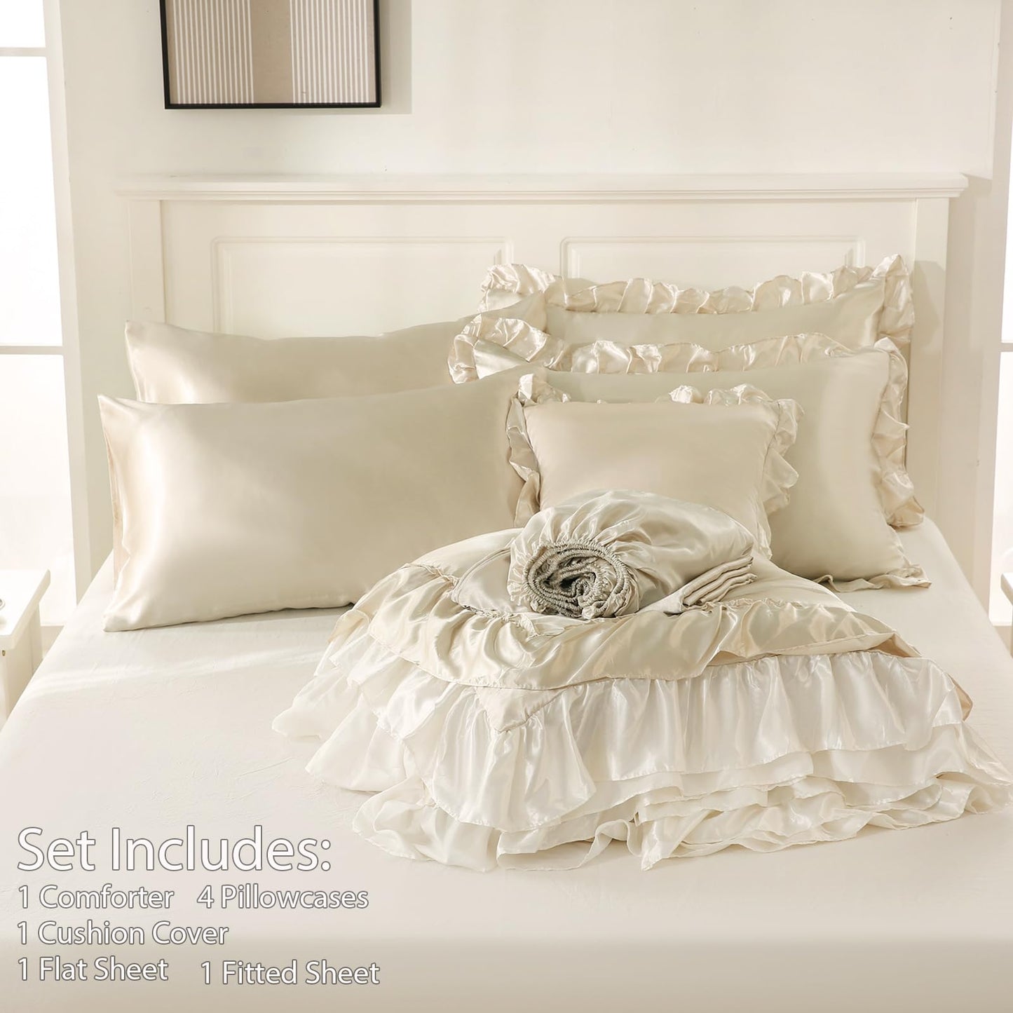 Bedbay Satin King Size Comforter Set with Sheets,Shabby Ruffled Bed Comforter 8 Pcs,Elegant Ruffle Room Decor Aesthetic Comforter King Bed in a Bag Set,Silk Like Satin Luxury Silky Bed Set