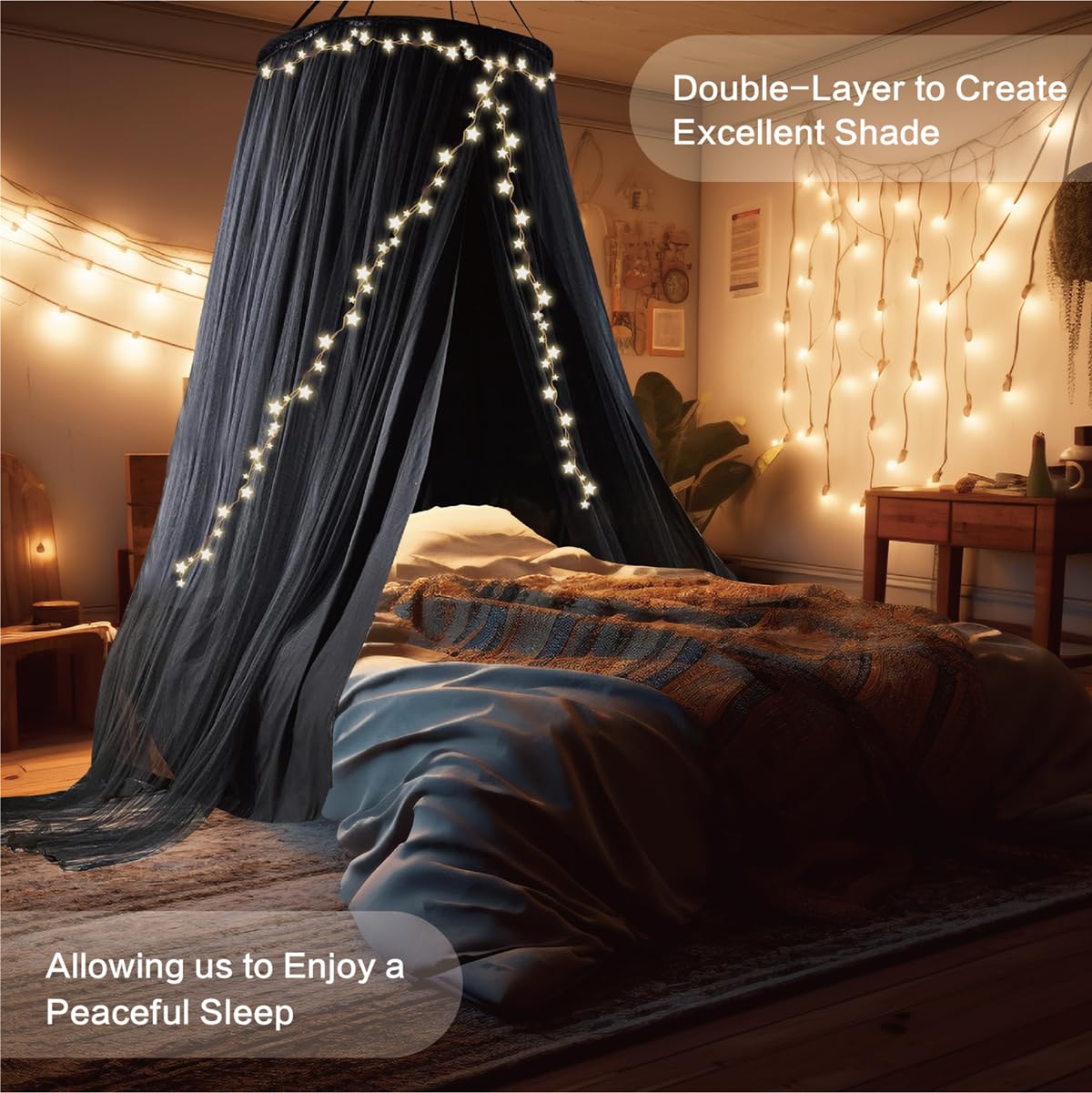 ZXPLO 40"x 106" Bed Canopy for Girls & Adults, Double Layer Princess Round Dome Bed Curtain Canopy Drapes, Dreamy Mosquito Net Reading Nook, Bedroom Decoration (Black)