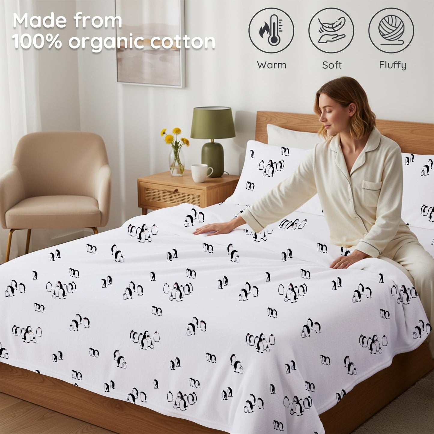 LONAVA 100% Cotton Flannel Sheet Set 4 Pieces, Heavy-Duty Fluffy Flannel Design, Thermal Lock Technology, 16 inch Deep Pocket Cozy Soft Bedsheets,(Twin,Peguin)