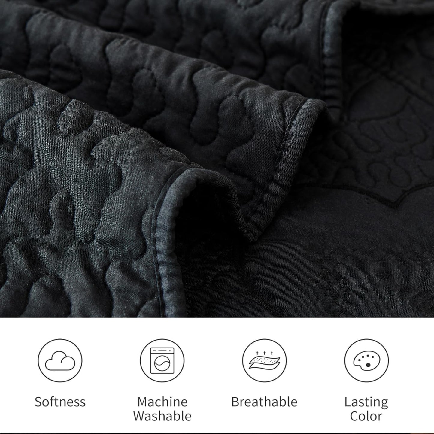 Cmfshape Floral Embroidery Quilt Set,3 Pieces Queen Quilt Bedding Set,Classic Diamond Pattern Quilts,Ultra Soft Lightweight Reversible Bedspread Coverlets for All Season(Black,90"x90")