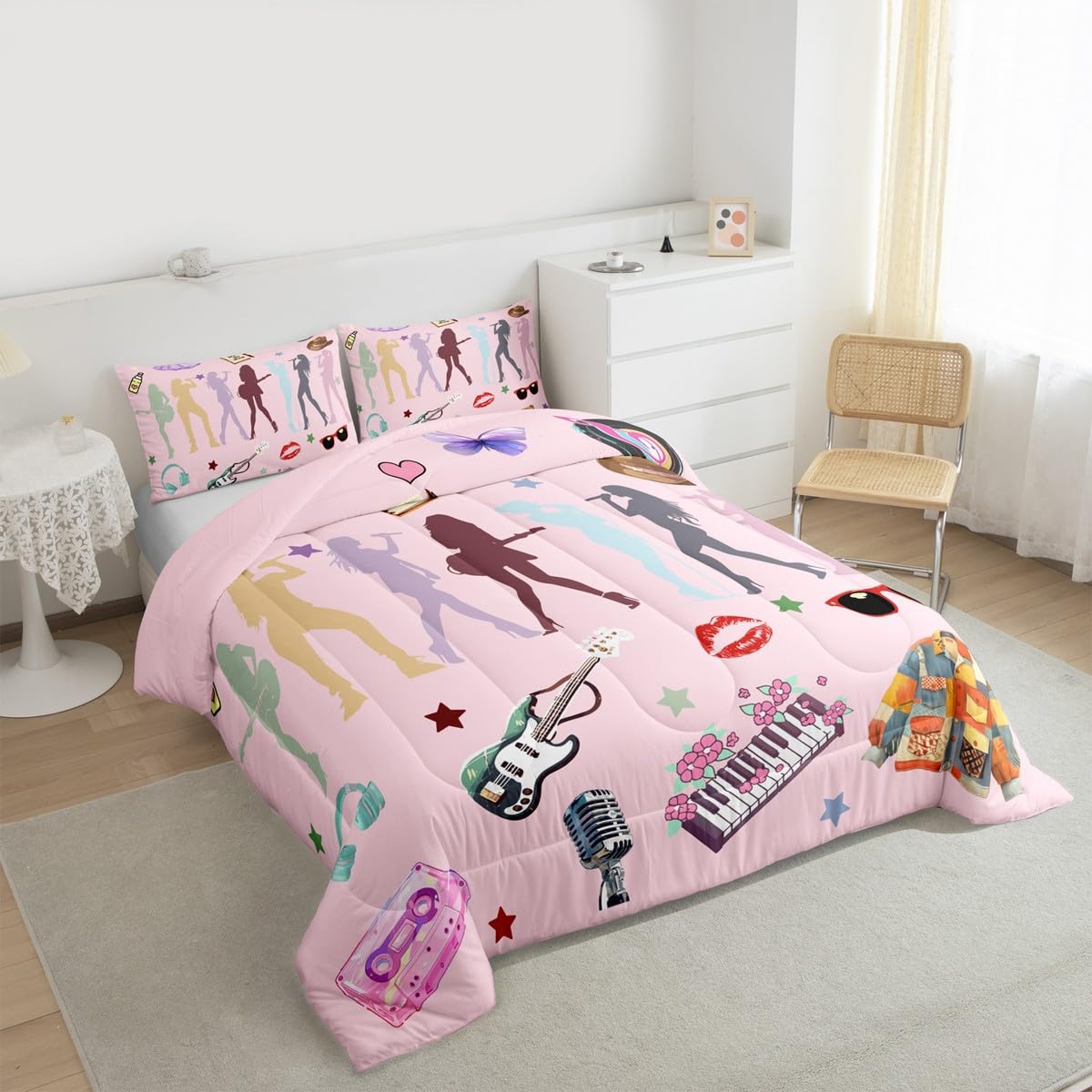 Erosebridal Pink Music Themed Bedding Set Full Girly Guitar Keyboard Comforter Set for Kids Boys Girls Disco Ball Snake Floral Bedding Comforter Sets Stylish and Modern Gifts Quilt Duvet