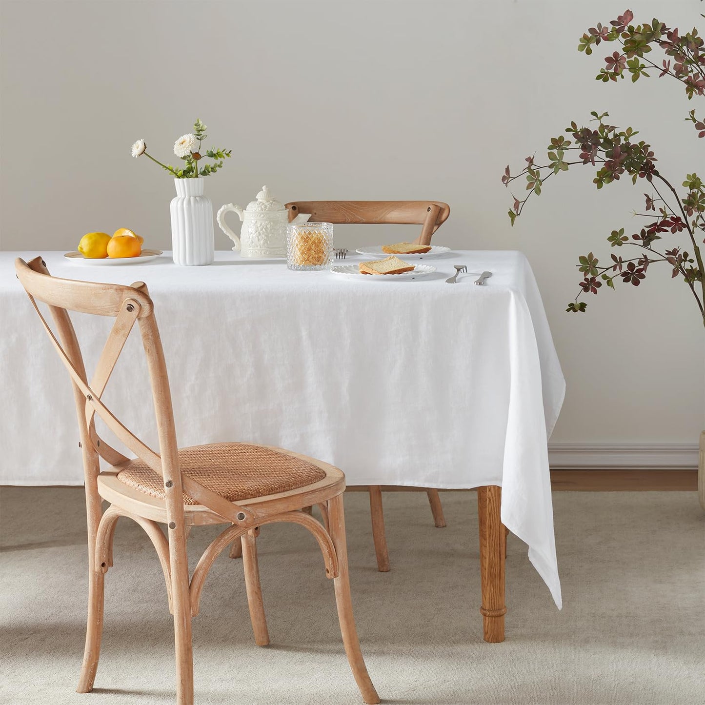 TOSMO 100% French Linen Tablecloth, Washable Farmhouse Rectangle Table Cloth for Kitchen, Dining, Party, Cocktail, Indoor and Outdoor Daily Use(52''x70'',White)