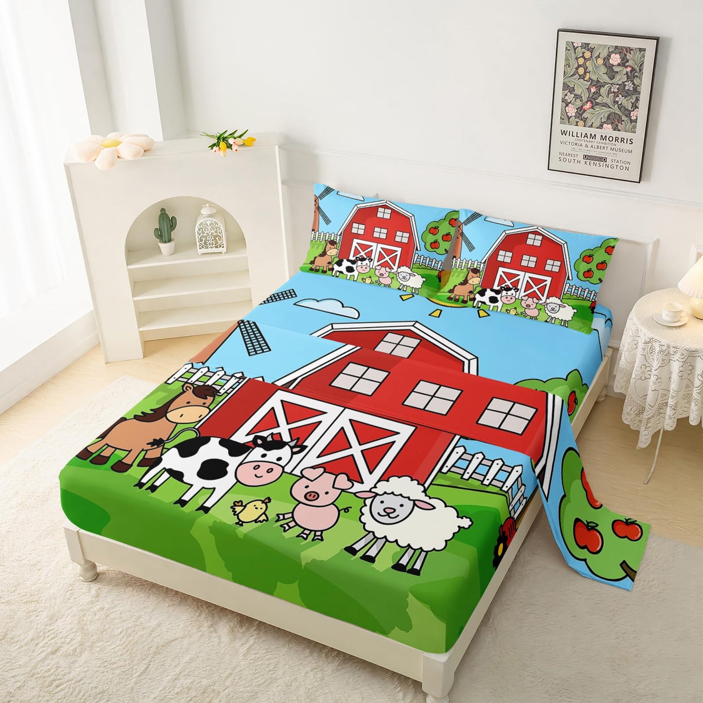QOOMO Farm Animal Sheet Set,Farmhouse Kids Bed Sheets,Cartoon Animals 16" Deep Pocket Bed Sheet Set for Boys/Girls/Kids/Teens，1 Fitted Sheet,1 Flat Sheet and 2 Pillowcases，Twin Size