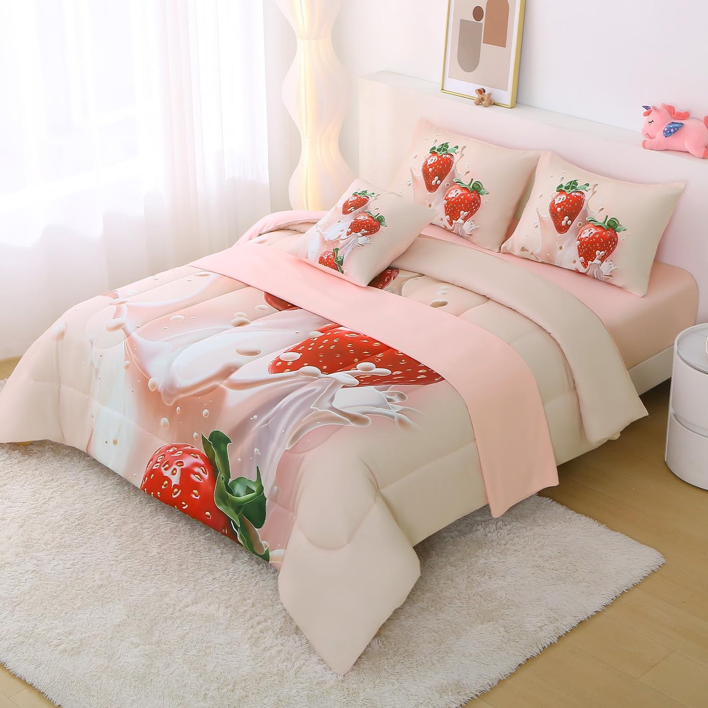 JQinHome Twin Strawberry Comforter Sets for Girls Kids Teens,6 Piece Bed in A Bag - All Season Soft Microfiber Strawberry Bedding Set with Sheet Sets (Pink)